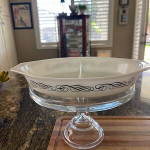 Vintage Pyrex Divided Casserole Dish in black Spiral Print